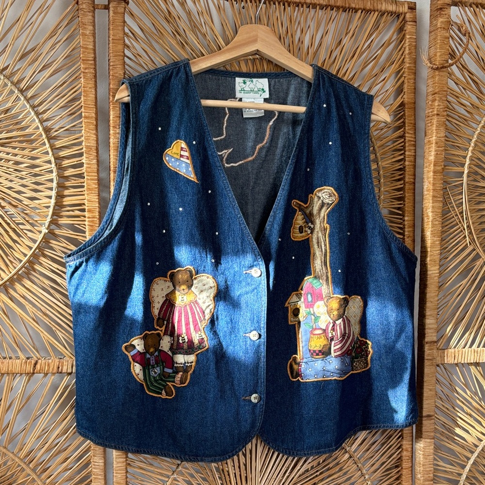 Vintage Quacker Factory Blue Denim Vest with Bear Design
